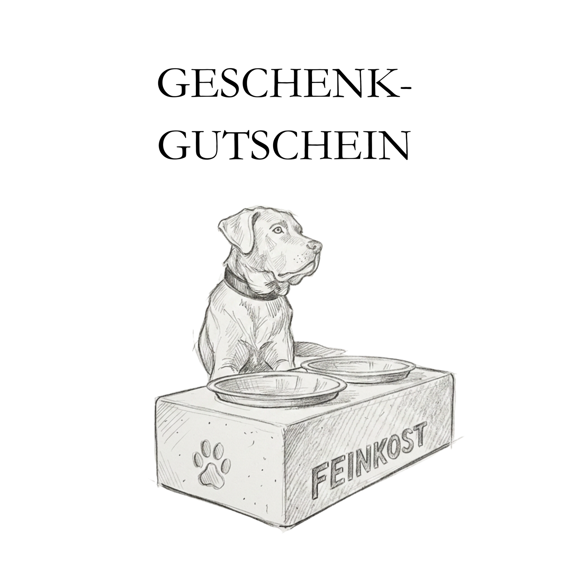 Geschenkgutschein von PAWTERY Design, Skizze eines Labradors an einem Napfhalter aus Beton mit eingegossenem Namen