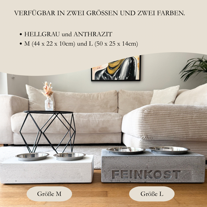 Hundenapf aus Beton in Größe M und L nebeneinander mit Maßangaben, hell und dunkel